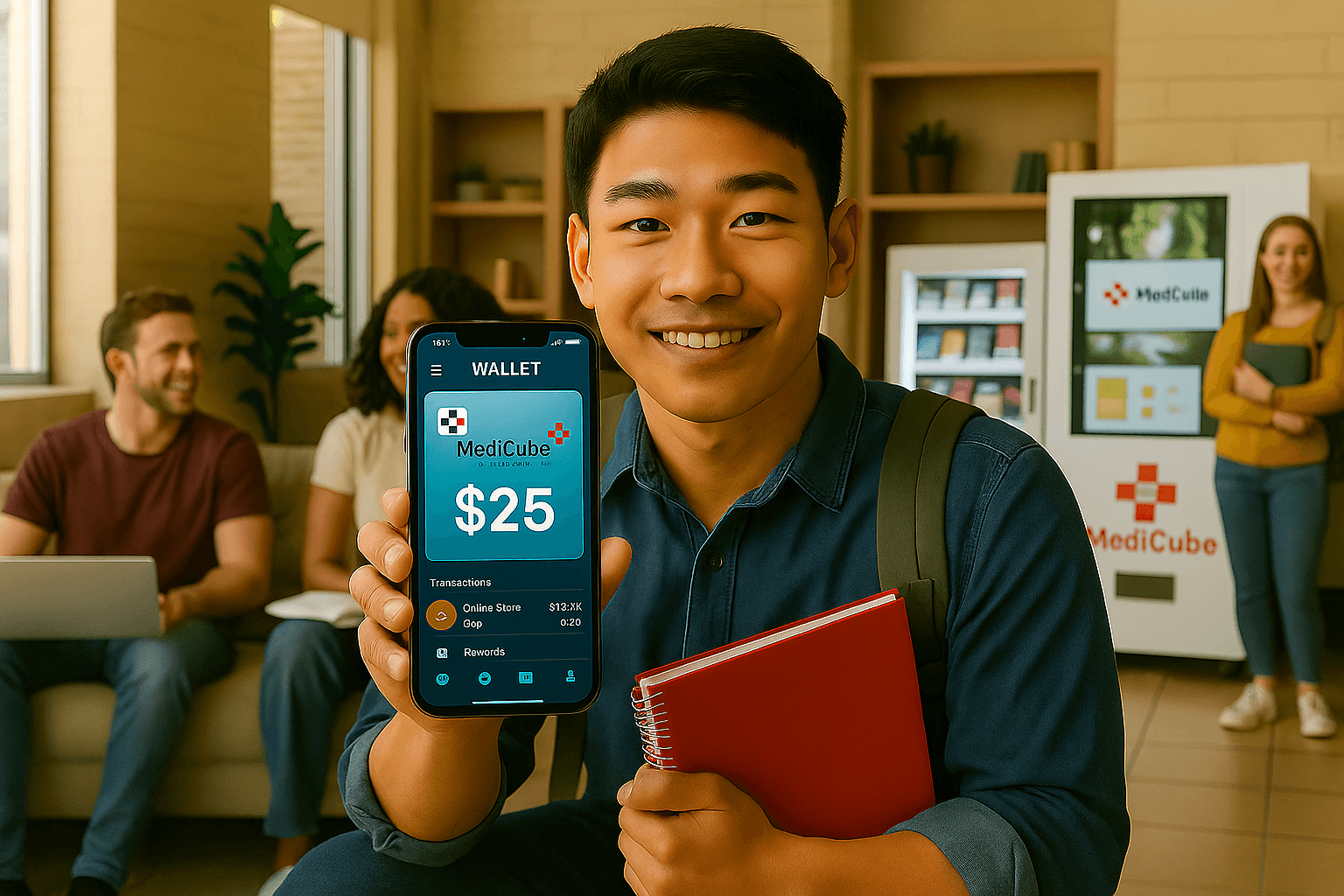 Student holding phone showing wallet balance