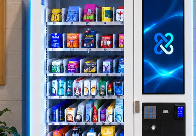 Close-up of a MediCube machine stocked with health essentials