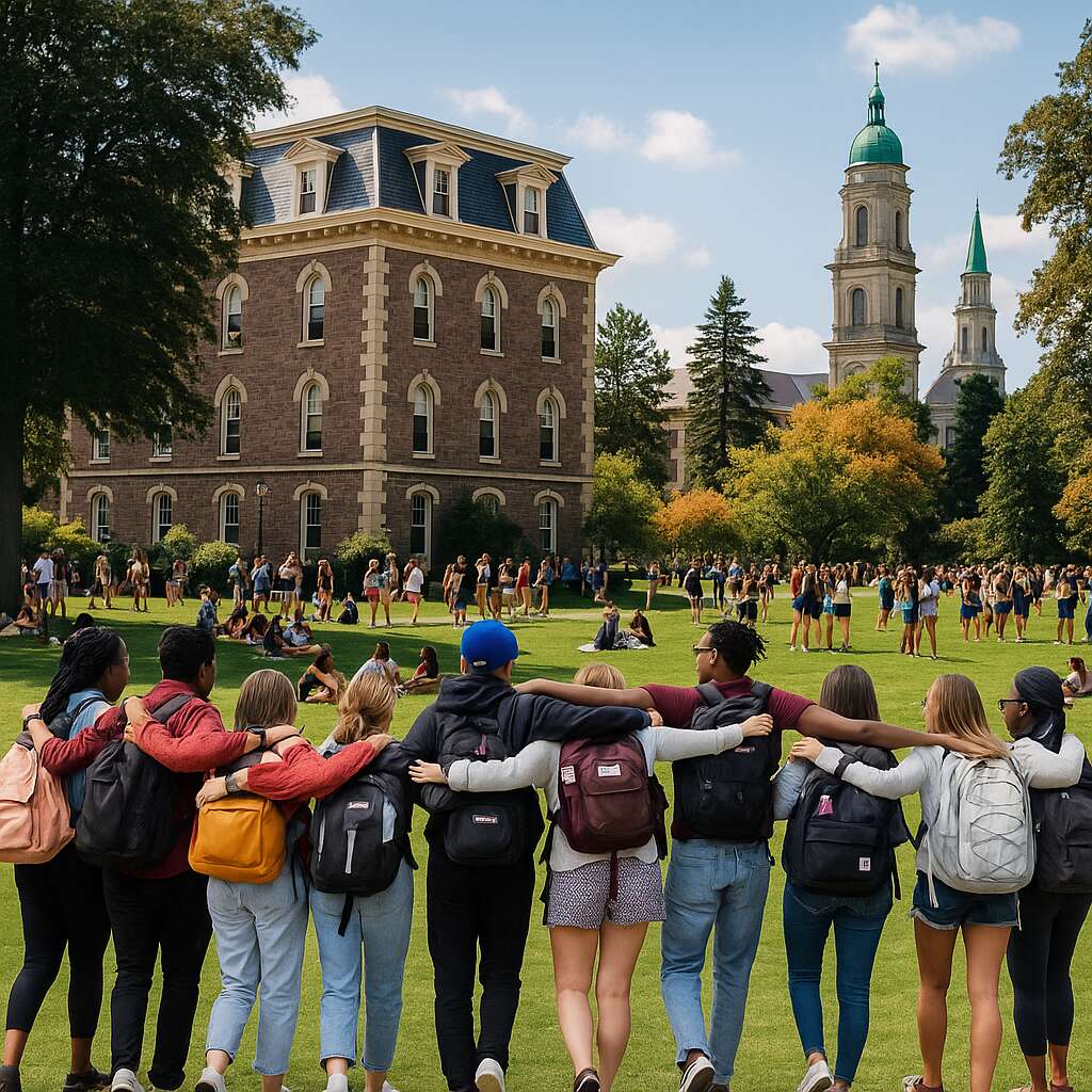Students standing arm in arm on a campus lawn