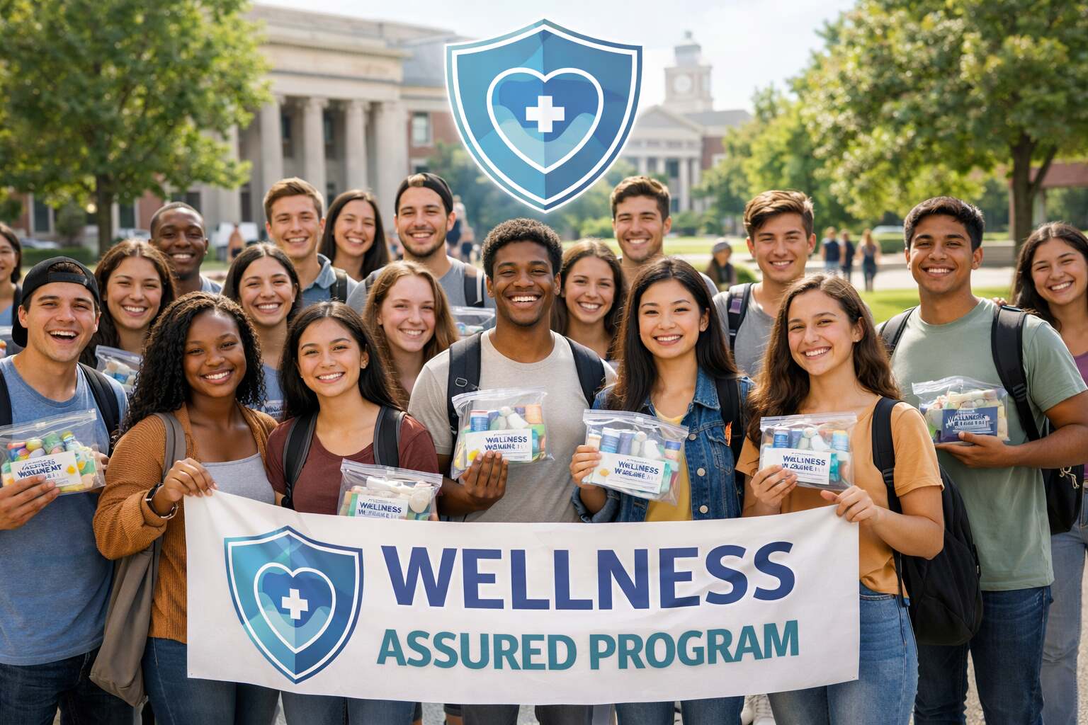 Students holding Wellness Assured program kits on campus